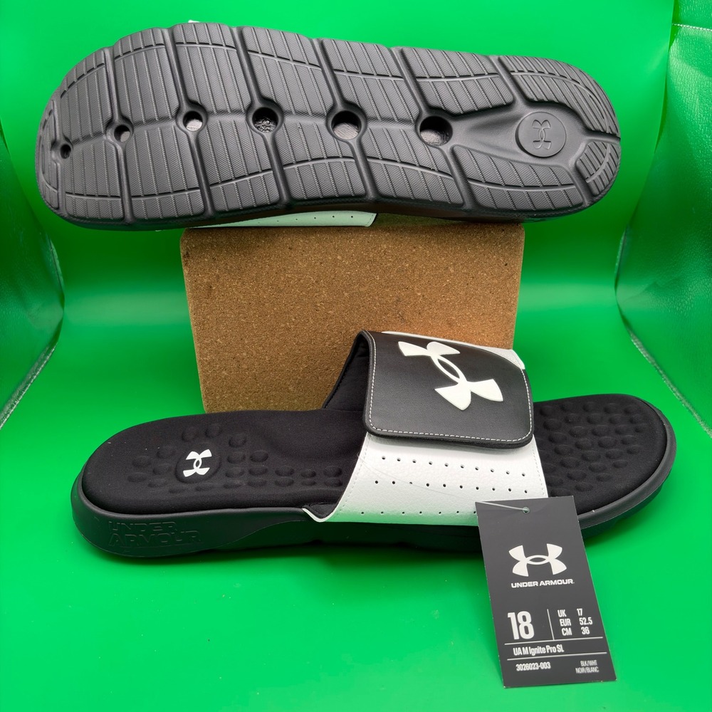 Under Armour Ignite Pro SL Sandals Mens 18 Black/White UA Adjustable Slides NWT